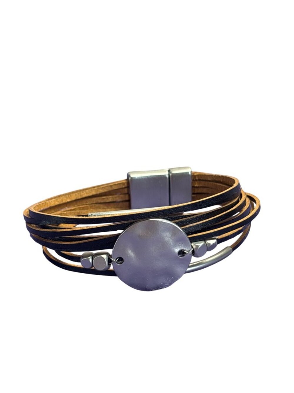 Multi Strand Leather Silvertone Bracelet Magnetic Clasp
